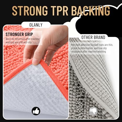 OLANLY Thick Bathroom Runner Rugs 59x24, Chenille Long Bath Rugs, Coral