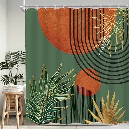 Mid Century Green Orange Boho Abstract Modern Bathroom Shower Curtain Set