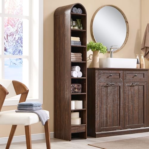 IFBUY 67" Tall Arched Bathroom Storage Cabinet, 8-Tier Modern Farmhouse Storage Cabinet with Adjustable Shelves, Wood Freestanding Cabinet for Bathroom, Living Room, Entryway, Hallway (Brown)