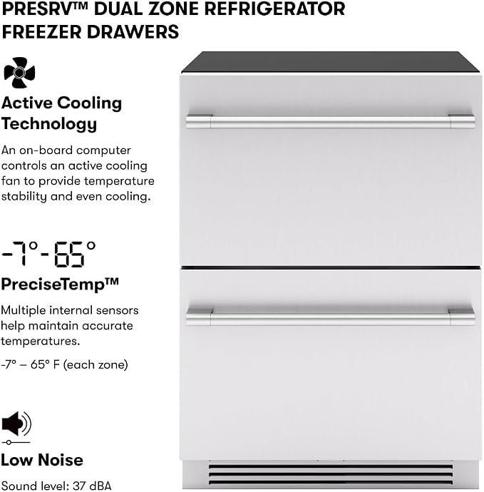 Zephyr 24" Presrv™ Dual Zone Refrigerator Freezer Drawers - Built In Fridge with Modes for Freezer, Fridge and Pantry, Convertible -7° – 65° F (each zone), LED Lighting, Soft Close, PRRFD24C2AS