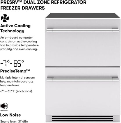 Zephyr 24" Presrv™ Dual Zone Refrigerator Freezer Drawers - Built In Fridge with Modes for Freezer, Fridge and Pantry, Convertible -7° – 65° F (each zone), LED Lighting, Soft Close, PRRFD24C2AS