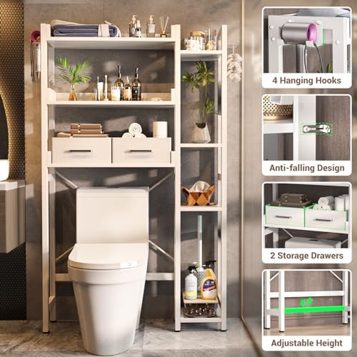 Besiost Over The Toilet Storage, 7 Tier Bathroom Organizer with Reversible Side Shelf and 2 Fabric Drawers, Adjustable Freestanding Rack Space Saver for Small Spaces, White