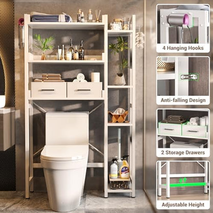 Besiost Over The Toilet Storage, 7 Tier Bathroom Organizer with Reversible Side Shelf and 2 Fabric Drawers, Adjustable Freestanding Rack Space Saver for Small Spaces, White