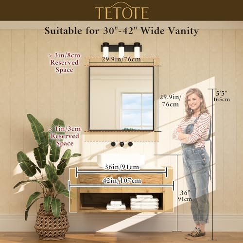 TETOTE Black Framed Mirror for Bathroom Vanity 30" x 30" Matte Black Rectangle Beveled Frame Wall Mirror for Over Sink, Tempered Glass, Modern Farmhouse Bedroom, Entryway, Living Room
