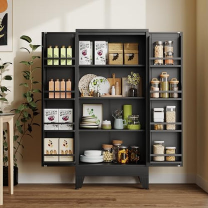 winiowa Metal Kitchen Pantry Storage Cabinet, Pantry Cabinet with Doors and Adjustable Shelves, Steel Storage Cabinet for Kitchen, Dining Room, Living Room-Black