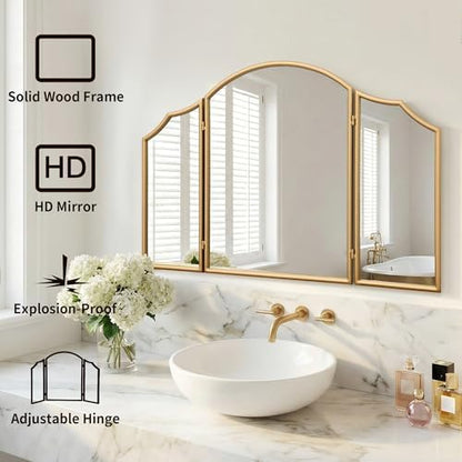 Besdomus Gold Scalloped Vanity Mirror: 36"x24" Three Sided Dresser Miror