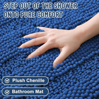 Grandaily Chenille Striped Bathroom Rugs 36x24, Extra Thick and Soft Absorbent Bath Mats, Rubber Backing, Plush Shaggy Shower Carpet, Machine Wash Dry, Bath Rug for Bathroom, Deep Navy Blue