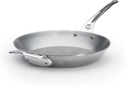 de Buyer MINERAL B Pro Carbon Steel Country Fry Pan with Helper Handle - 12.5” Diameter, 9” Cooking Surface - Ideal for Sauteing, Simmering, Frying - Naturally Non-Stick Finish - Made in France