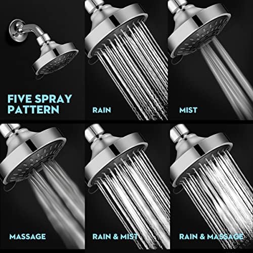 WarmSpray High Pressure Shower Head 5 Settings Fixed Showerhead 4 Inch High Flow Bathroom Showerhead with Adjustable Brass Ball Joint for Luxury Shower Experience Even at Low Water Pressure