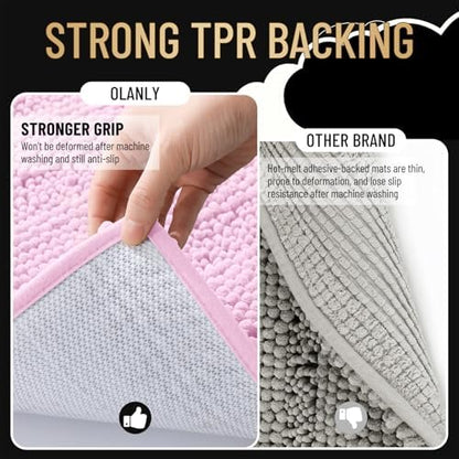 OLANLY Thick Bathroom Rugs 30x20, Soft Chenille Striped Bath Rugs, Pink