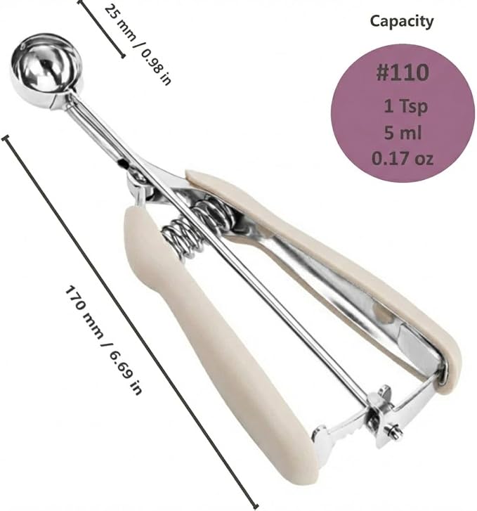Extra Mini Stainless Steel Cookie Scoop, 1Tsp/5ml/0.17oz Tbsp Dough Scooper with Trigger Release, Ideal for Baking and Melon (#110 White)