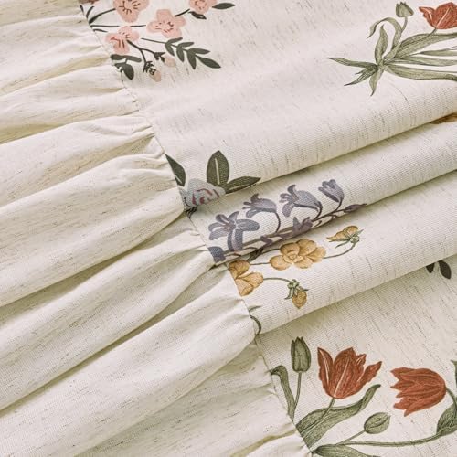 ORTIGIA Linen Textured Ruffle Shower Curtain with Metal Hooks, Vintage Boho Farmhouse Floral Linen Cottagecore Shower Curtain Bathroom Waterproof 72x72 Inch