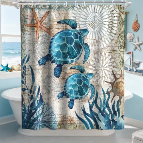 Ocean Nautical Beach Shower Curtain, Rustic Luxury Coastal Sea Turtles Shower Curtains for Bathroom, Waterproof Bath Curtain with Hooks Machine Washable Bathtub Curtains 72x84 Inch Blue Teal