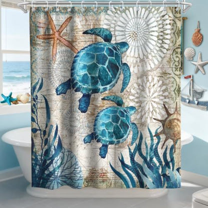 Ocean Nautical Beach Shower Curtain, Rustic Luxury Coastal Sea Turtles Shower Curtains for Bathroom, Waterproof Bath Curtain with Hooks Machine Washable Bathtub Curtains 72x84 Inch Blue Teal