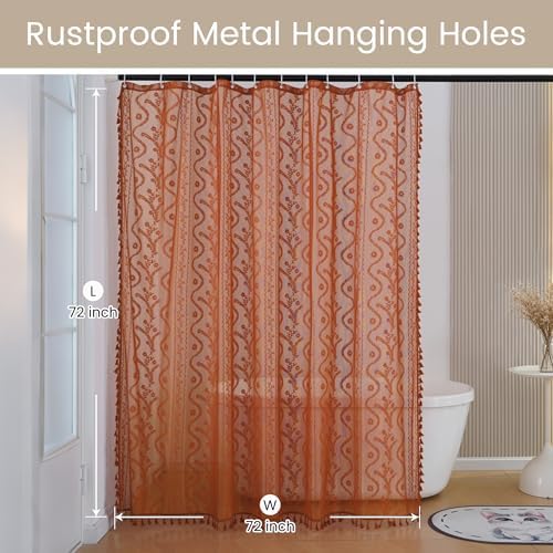 WAZZIO Bunrt Orange Lace Shower Curtain for Bathroom 72" W x 72" L, Victorian Farmhouse Floral Pattern Tassel Fancy Shower Curtain Boho Washable Cloth Decorative Bath Curtains,1 Panel