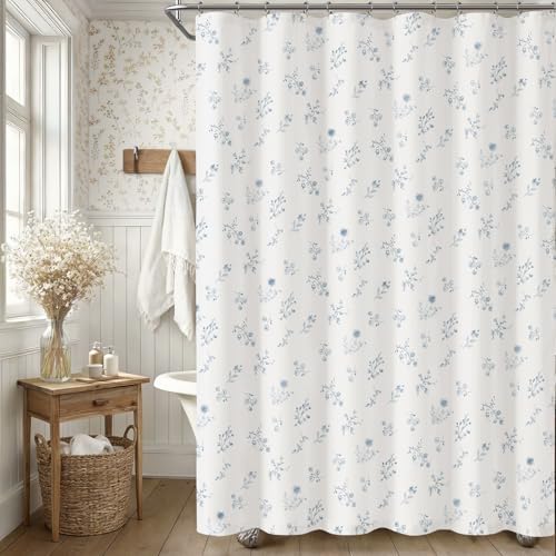 Blue Floral Farmhouse Vintage Cotton Shower Curtain French Country 72Wx72H