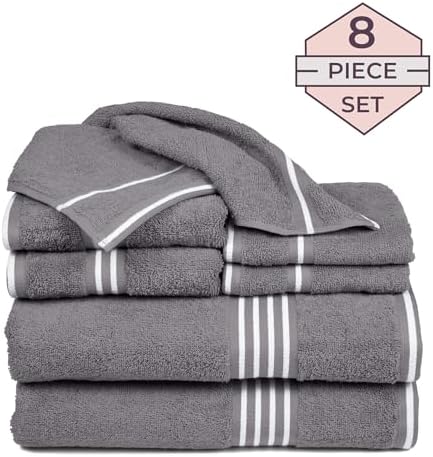 Lavish Home 8PC Bathroom Towels Set - 575GSM 100% Cotton Bathroom Essentials with 2 Bath Towels, 2 Hand Cloths, 2 Wash Cloths, and 2 Fingertip Fabric for Shower, Gym, Dorm and Spa (Silver)