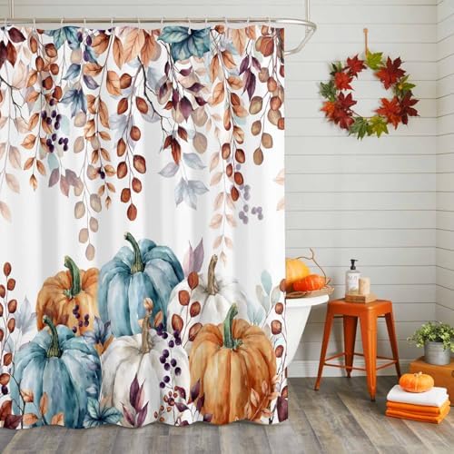 Shower Curtain Bathroom Set Fall Thanksgiving Pumpkin Orange Eucalyptus Leaf Waterproof Shower Curtains with Grommets Hooks Autumn Fallen Leaves Privacy Bath Curtain for Bathtub Decor 72x78in