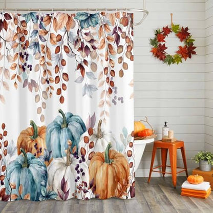 Shower Curtain Bathroom Set Fall Thanksgiving Pumpkin Orange Eucalyptus Leaf Waterproof Shower Curtains with Grommets Hooks Autumn Fallen Leaves Privacy Bath Curtain for Bathtub Decor 72x78in