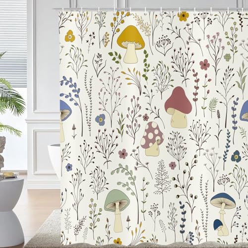 deFouliao Mushroom Shower Curtain, Boho Floral Waterproof Shower Curtain for Bathroom Bathtub Home Curtain Decor with Hooks, Machine Washable, 72''Wx78''L
