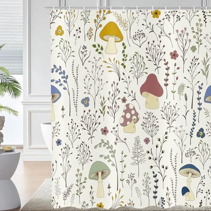deFouliao Mushroom Shower Curtain, Boho Floral Waterproof Shower Curtain for Bathroom Bathtub Home Curtain Decor with Hooks, Machine Washable, 48''Wx72''L