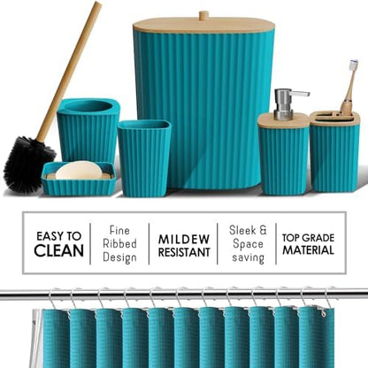 Clara Clark Bathroom Accessories Set - Bathroom Set with Adhesive Corner Shower Caddy Hanging, 25PC Bathroom Accessory Set, Teal Shower Curtain Set, Toilet Brush, Trash Can & Soap Dispenser