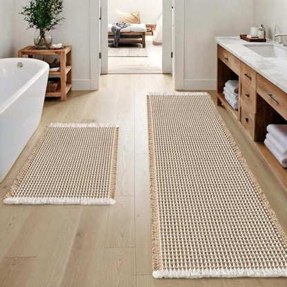 MIULEE Set of 2 Waffle Bathroom Rugs Brown&White Bath Mat 17"x24"+17"x48"