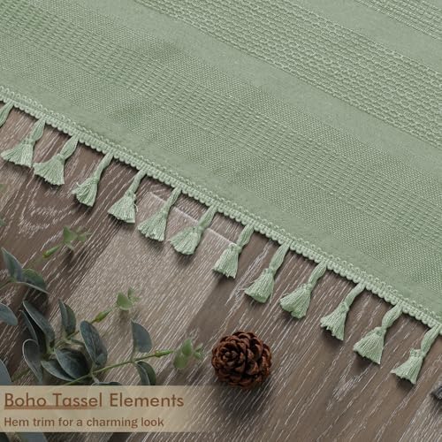 OVZME Extra Long Boho Shower Curtain 84 Inch Long, Modern Farmhouse Heavy Duty Linen Textured Soft Fabric, Rustic Country Cloth Shower Curtain with Tassel for Bathroom Hotel, 72Wx84L, Light Green