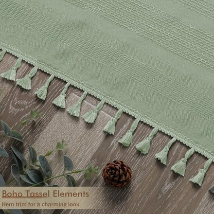 OVZME Extra Long Light Green Shower Curtain 96 Inch Long, Boho Linen Textured Soft Fabric Heavy Duty Cloth Bathroom Shower Curtain with Tassel, Tall Farmhouse Luxury Bath Decor, 72Wx96L Inches