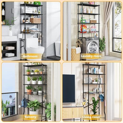 Mlinavn Over-The-Toilet Storage Rack, 4-Tier Bathroom Organizer Shelf Over Toilet with Adjustable Shelf and Basket, Freestanding Space Saver Bathroom Shelves Above Toilet for Room (Black)