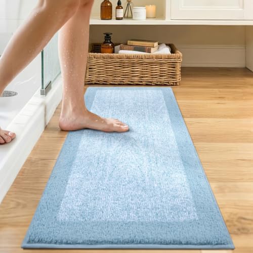48x17 Bathroom Rugs Non Slip Washable, Soft Absorbent Bath Mat Light Blue