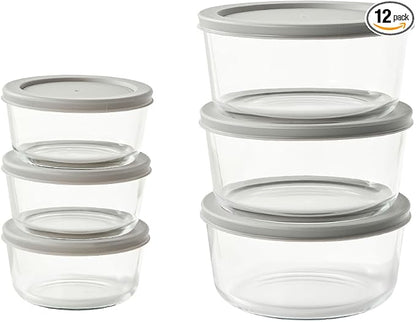 12-Piece Glass Food Storage Containers Set (6 Containers + 6 BPA-Free Lids) | 2-Cup & 4-Cup, Leakproof | Microwave, Freezer, Oven & Dishwasher Safe | Ideal for Meal Prep & Pantry Organization, Grey