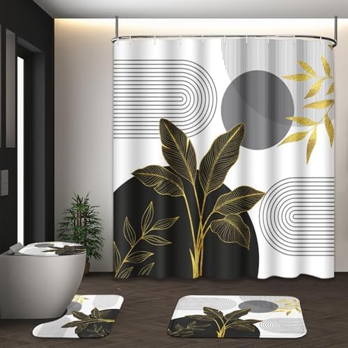 Bathroom Sets with Shower Curtain and Rugs, 4 Pcs, Boho Mid