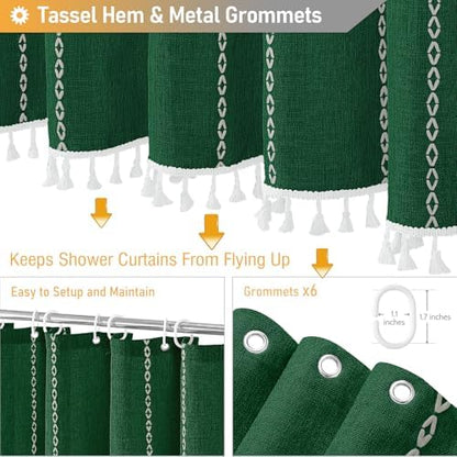 BTTN Small Boho Linen Heavy Duty Cloth Shower Curtain, 36x72, Emerald Green