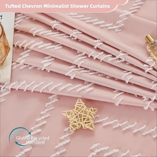 Siiluminisoy Extra Long Pink Shower Curtain with Tassel, Woven Fabric 90 in, Tufted Chevron Striped, 72 x 90, Modern Chic Textured Minimalist Bathroom