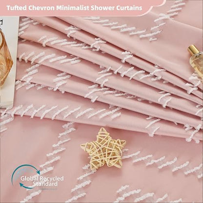 Siiluminisoy Extra Long Pink Shower Curtain with Tassel, Woven Fabric 90 in, Tufted Chevron Striped, 72 x 90, Modern Chic Textured Minimalist Bathroom