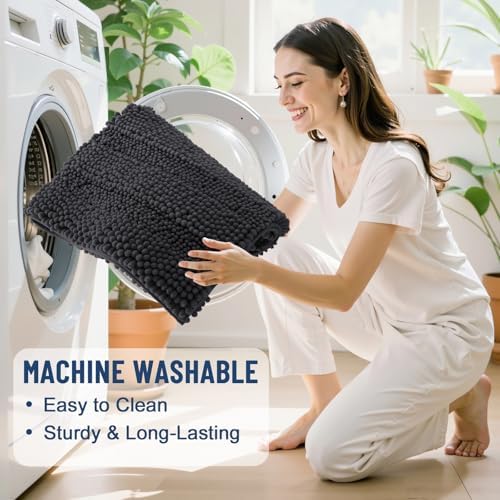 Grandaily Chenille Striped Bathroom Rugs 59x35, Extra Thick and Soft Absorbent Bath Mats, Rubber Backing, Plush Shaggy Shower Carpet, Machine Wash Dry, Bath Rug for Bathroom, Charcoal