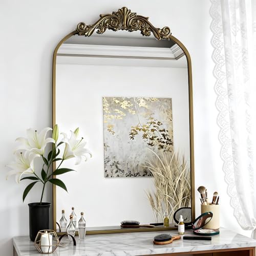 Dewfig Vintage Arched Wall Mirror, 36"x24" Antique Bronze Bathroom Mirror