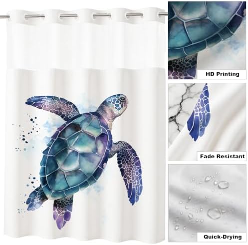 Funny Sea Turtle Shower Curtains Ocean Animal Cartoon Kids Theme No Hook Waffle Weave Shower Curtain with Snap in Liner Polyester Fabric Bathroom Decor Set 36 W x 74 H Inch Teal Purple