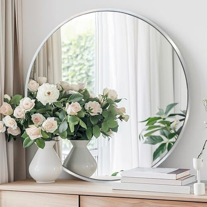 Round Silver Mirror 16 inch, Circle Mirror, Brushed Nickel, Chrome