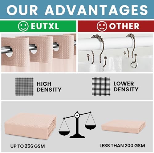 Heavyweight Waffle No Hook Shower Curtain with Liner, Blush Pink, 71x74