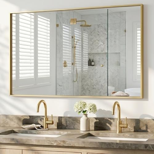 55"x30" Satin Gold Wide Bathroom Wall Mirror for Double Vanity