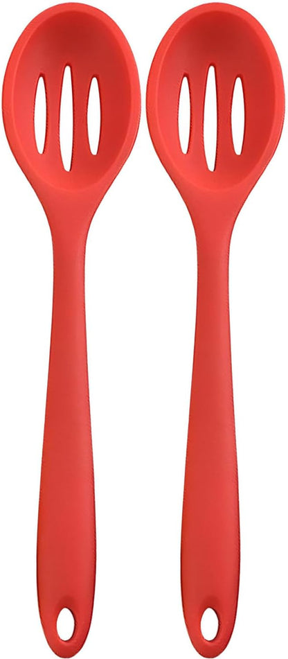 Linwnil 4 Pieces Silicone Slotted Spoons,10.6 Inch Nonstick Mixing Serving Spoons for Kitchen Cooking Bake Stir Draining Tool (2, Red)