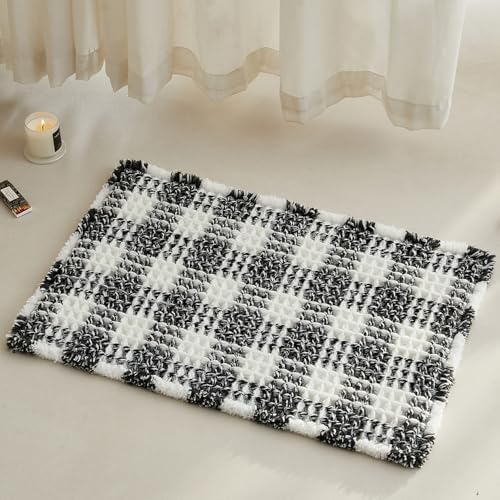 TYUU Waffle Bath Mat, Small Boho Bathroom Rugs Non Slip 24x16 Black & White