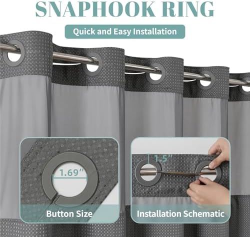 No Hook Waffle Shower Curtain with Snap-in Liner, 71x80 Inch, Charcoal