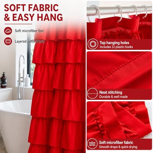 Red Ruffle Shower Curtain for Bathroom, 72x84, Christmas Bathroom Decor