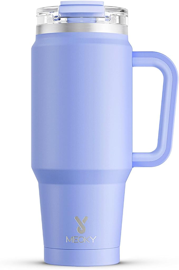 Meoky 32 oz Tumbler with Handle, Insulated Tumbler with Lid and Straw, Stainless Steel Travel Mug, Keeps Cold for 24 Hours, 100% Leak Proof, Fits in Car Cup Holder (Lilac)