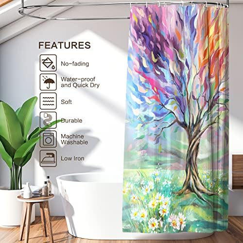 Oil Painting Tree Shower Curtain, Colored Seasons Tree Shower Curtain for Bathroom with 12 Hooks Polyester Fabric Washable Shower Curtain Set Home Office Farmhouse Decor Bath Curtain