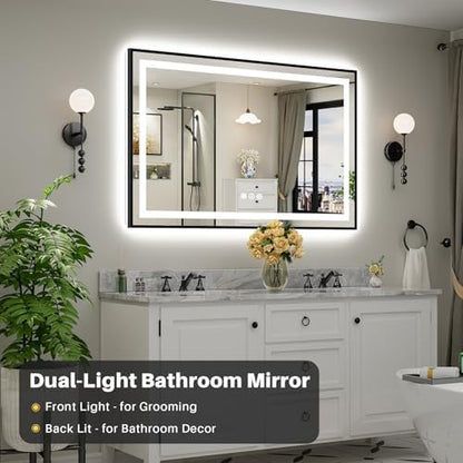 55x36 Inch LED Bathroom Mirror with Black Frame, Backlit & Front Lit