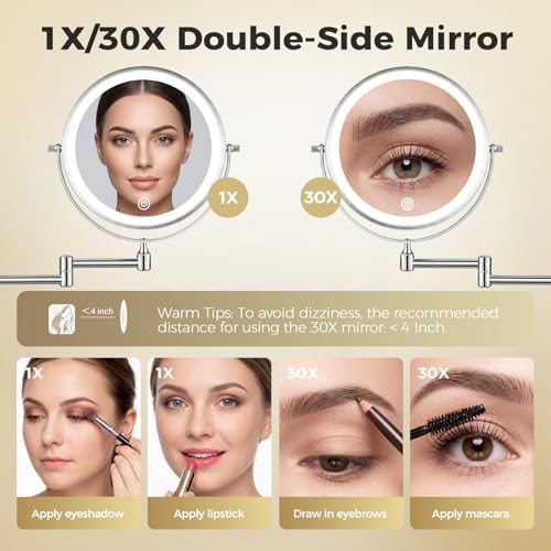 Wall Mounted Makeup Mirror, 8 Inch, 1X/30X, Rechargeable 4000mAh